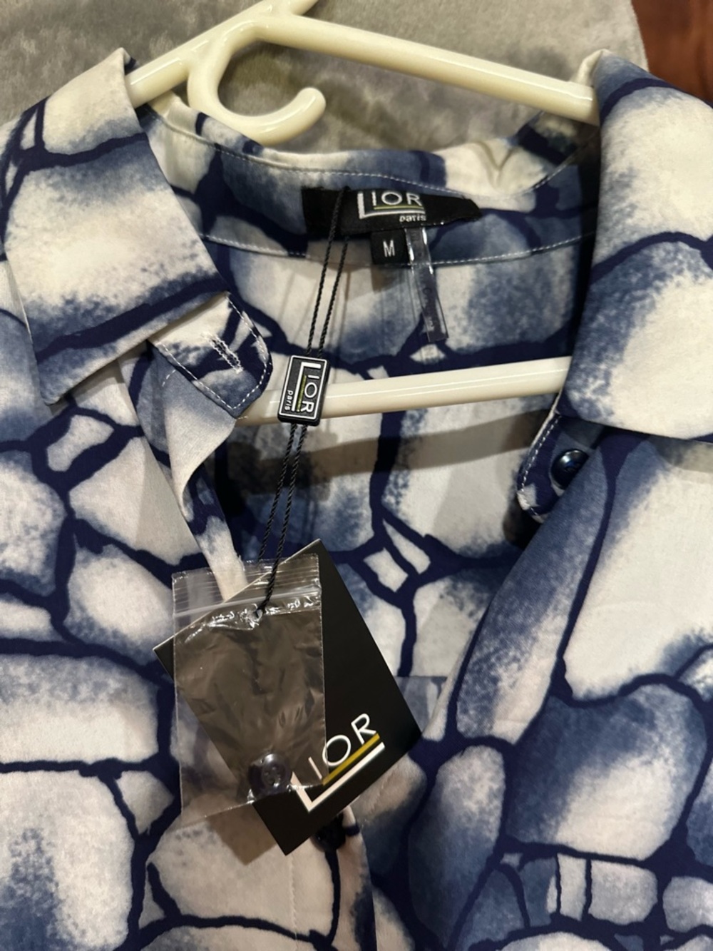 LIOR Womens Long Sleeve Blue and White Patterned Shirt Dress